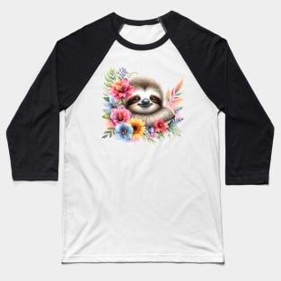 A sloth decorated with beautiful colorful flowers. Baseball T-Shirt